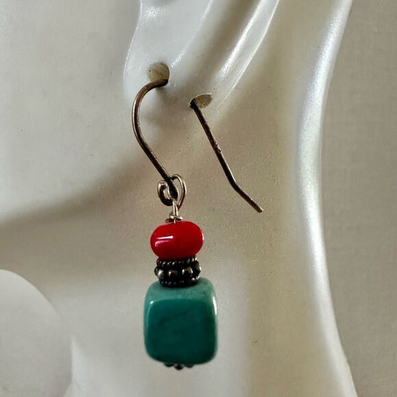 Sterling Silver Turquoise & Coral Dangle Earrings - Picture 6 of 8